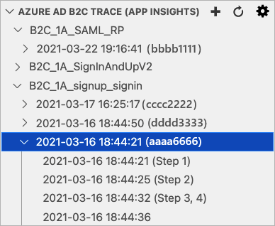 Screenshot dell'estensione Azure AD B2C per VS Code con la traccia di Azure Application Insights.