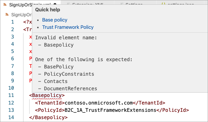 Screenshot dell'indicatore di errore di convalida del schema XML di VS Code.
