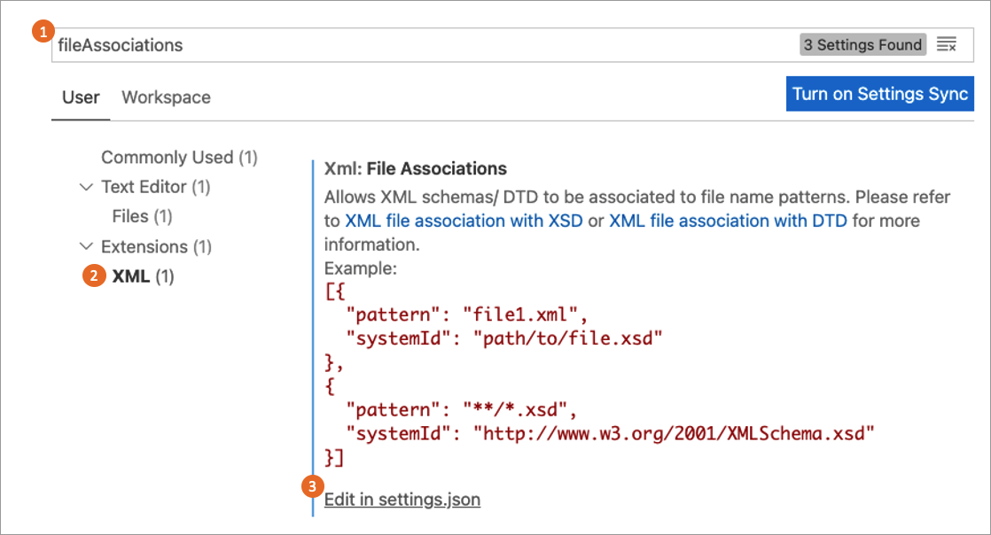 Screenshot della convalida dello schema XML in VS Code.