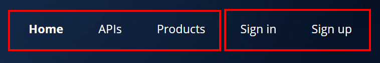 Screenshot dei menu di spostamento predefiniti nel portale per sviluppatori.
