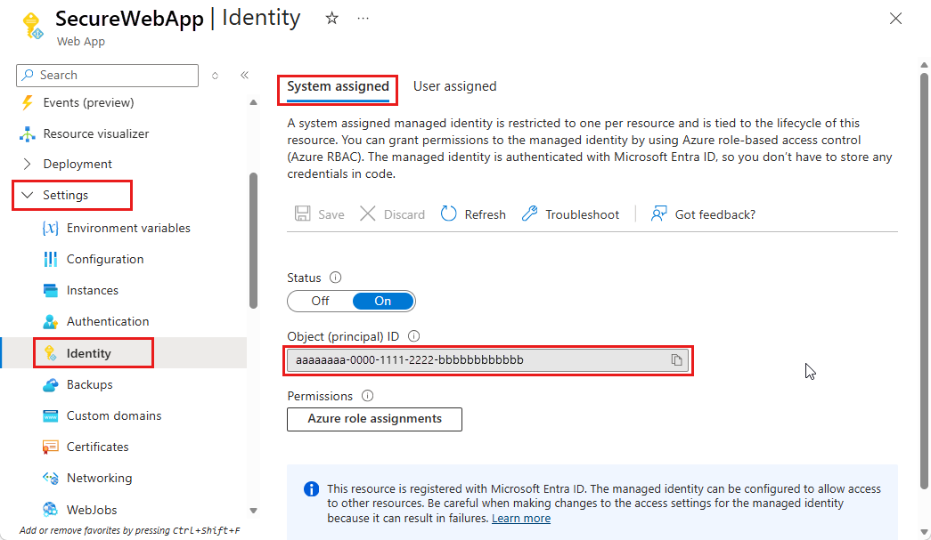 Screenshot che mostra l'opzione dell'identità assegnata dal sistema.