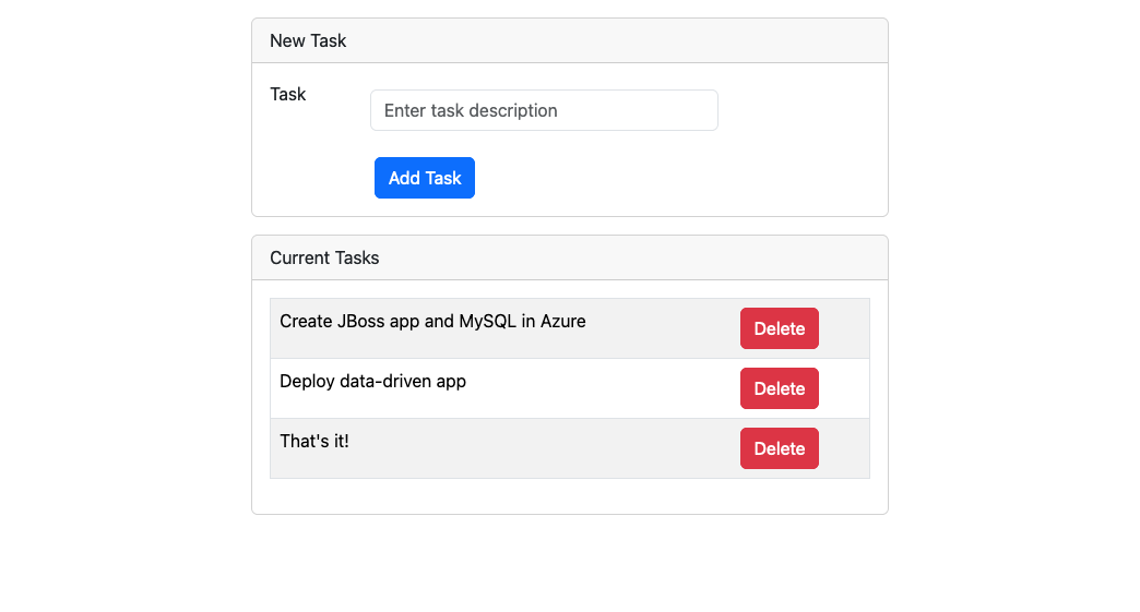 Screenshot dell'applicazione JBoss che archivia i dati in MySQL.