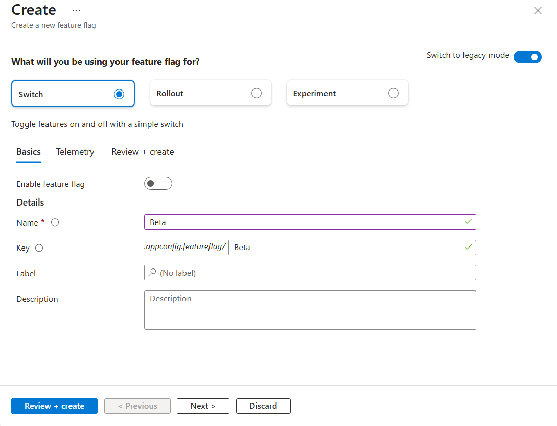 Screenshot del flag di funzionalità abilitato denominato Beta.