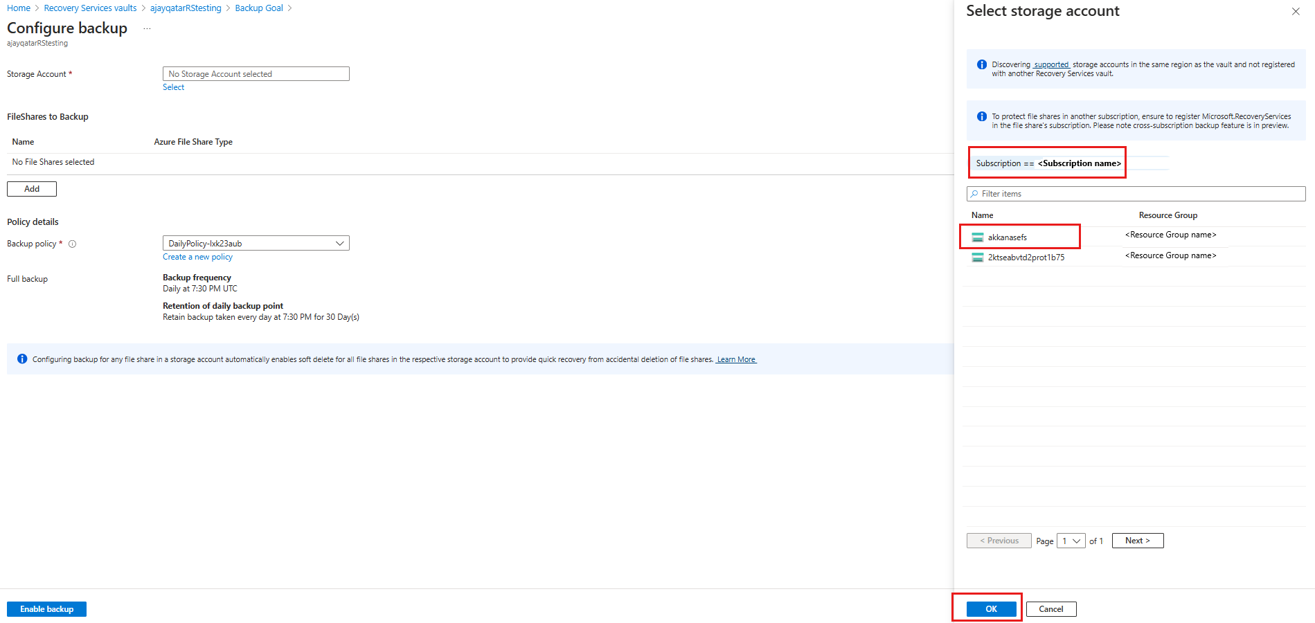 Screenshot che mostra come selezionare uno degli account di archiviazione individuati.