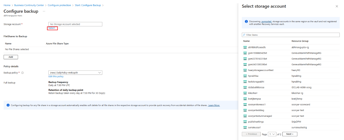 Screenshot che mostra come selezionare un account di archiviazione.