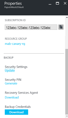 Screenshot delle proprietà dell'insieme di credenziali di Servizi di ripristino