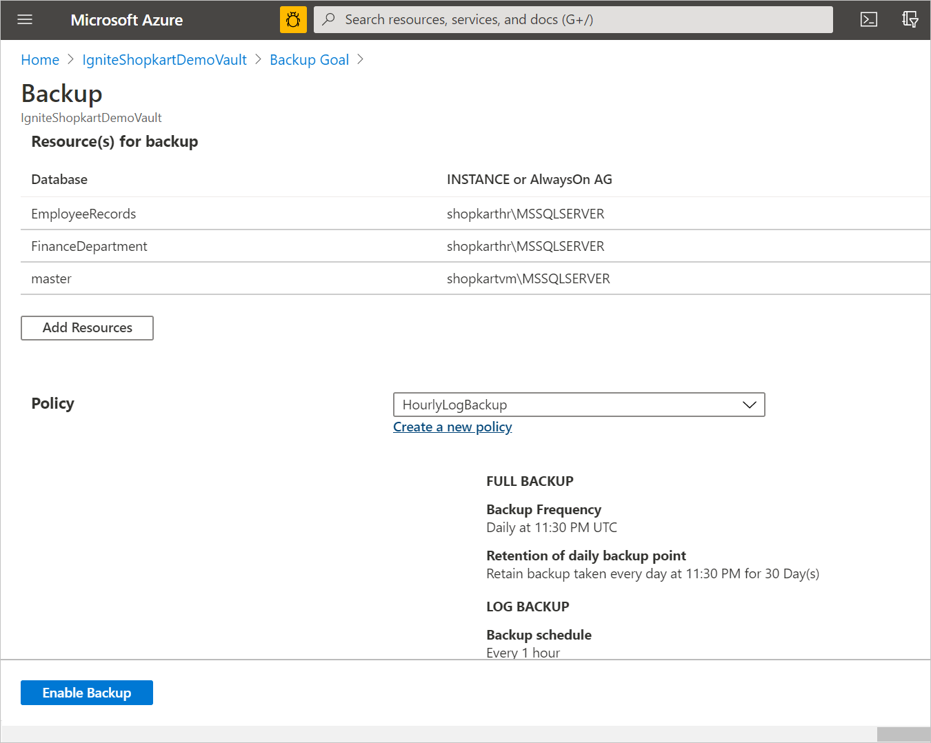 Screenshot che mostra il riquadro per la definizione di un criterio di backup.