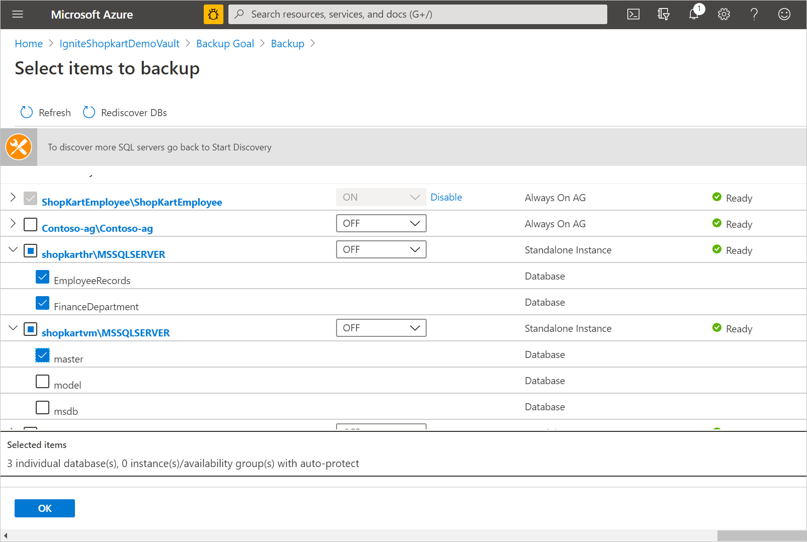 Screenshot che mostra i database selezionati per il backup.