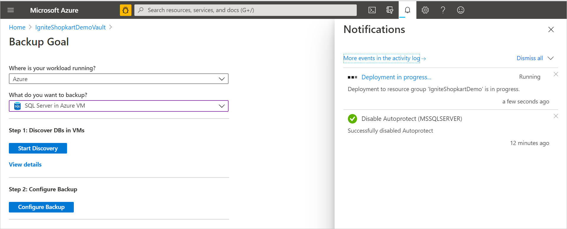 Screenshot che mostra l'area per tenere traccia dello stato di avanzamento della configurazione.