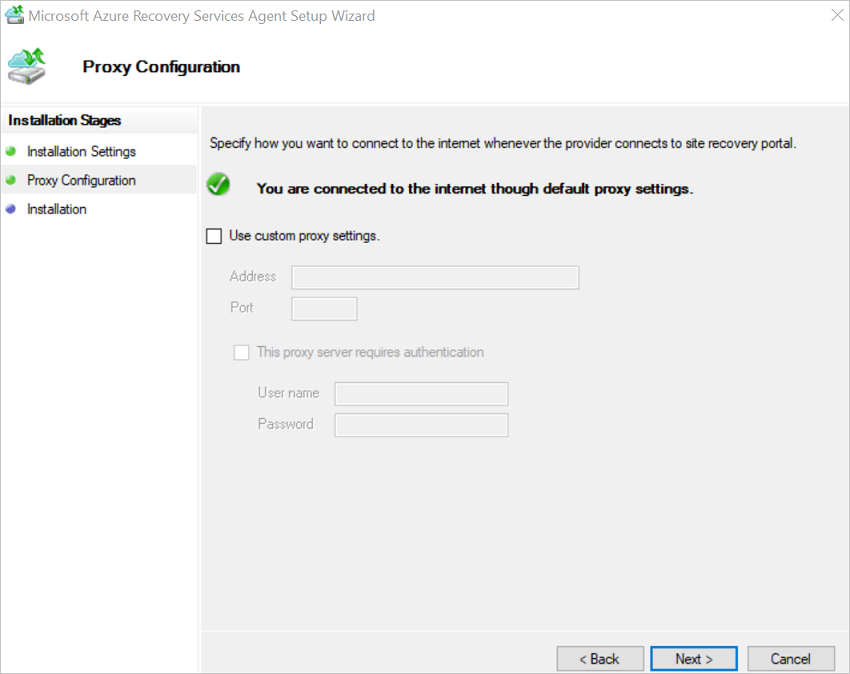 Screenshot che mostra come configurare l'accesso a Internet nella procedura guidata MARS.