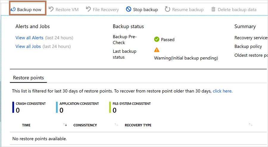Screenshot che mostra come eseguire un backup su richiesta.