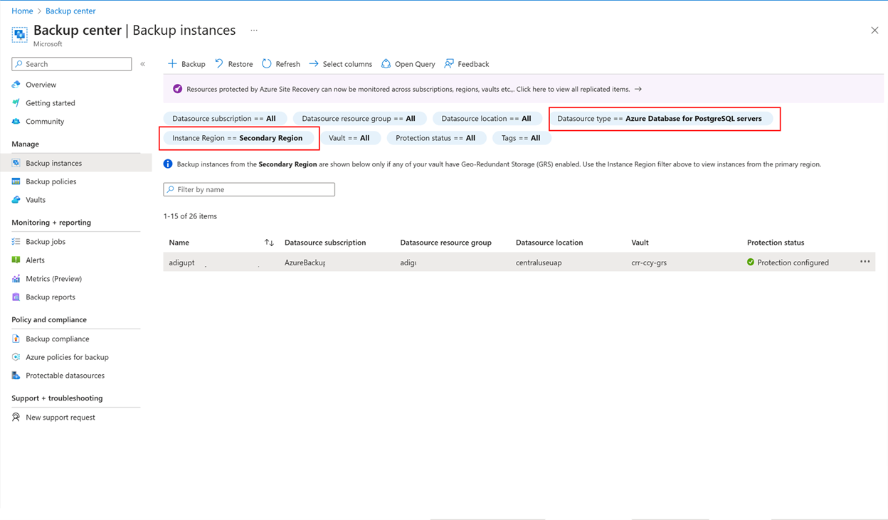 Screenshot che mostra come verificare la disponibilità dei punti di ripristino nell'area secondaria.