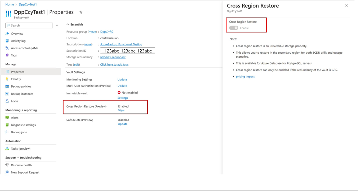 Screenshot che mostra come abilitare il ripristino tra aree per il database PostgreSQL.