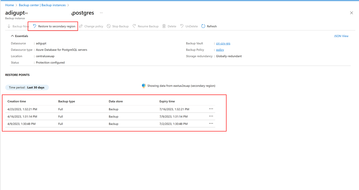 Screenshot che mostra come avviare i ripristini nell'area secondaria.