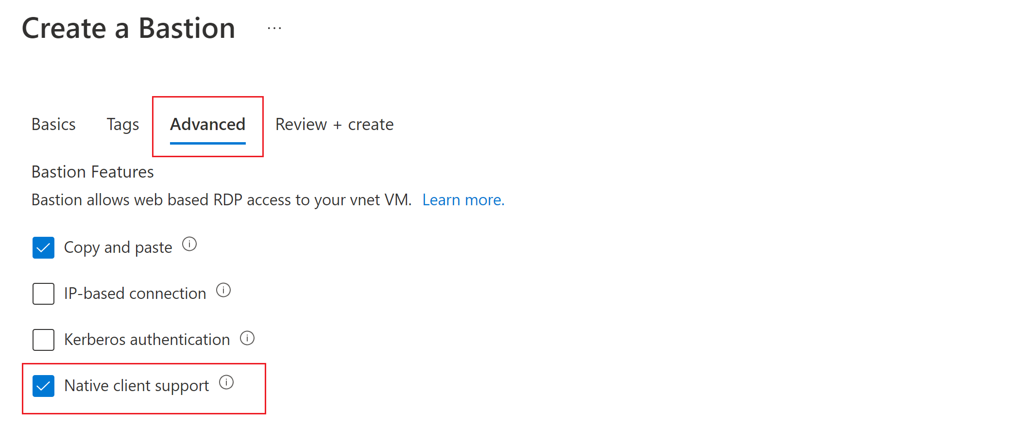 Screenshot che mostra le impostazioni per un nuovo bastion host con la casella Supporto per il client nativo selezionata.