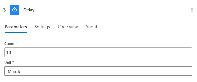 Screenshot che mostra l'azione Ritarda in cui è possibile impostare il conteggio e l'unità per il ritardo.