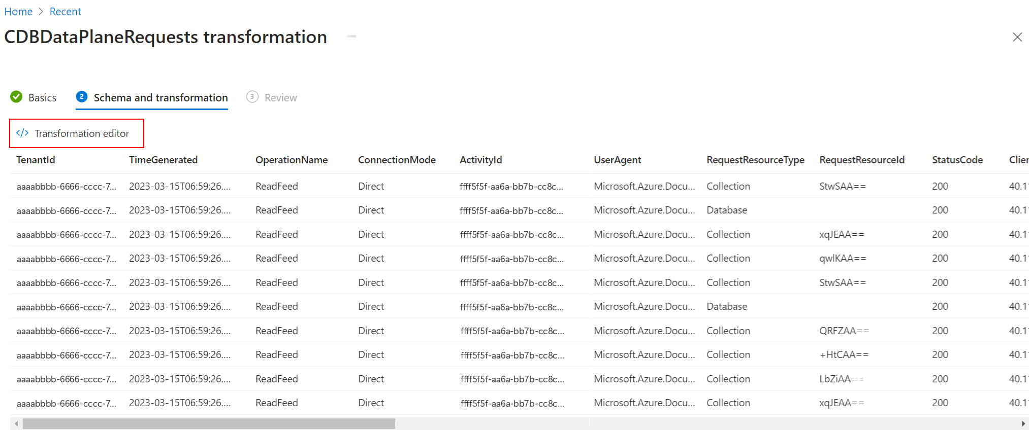 Screenshot che mostra l'editor di trasformazione.