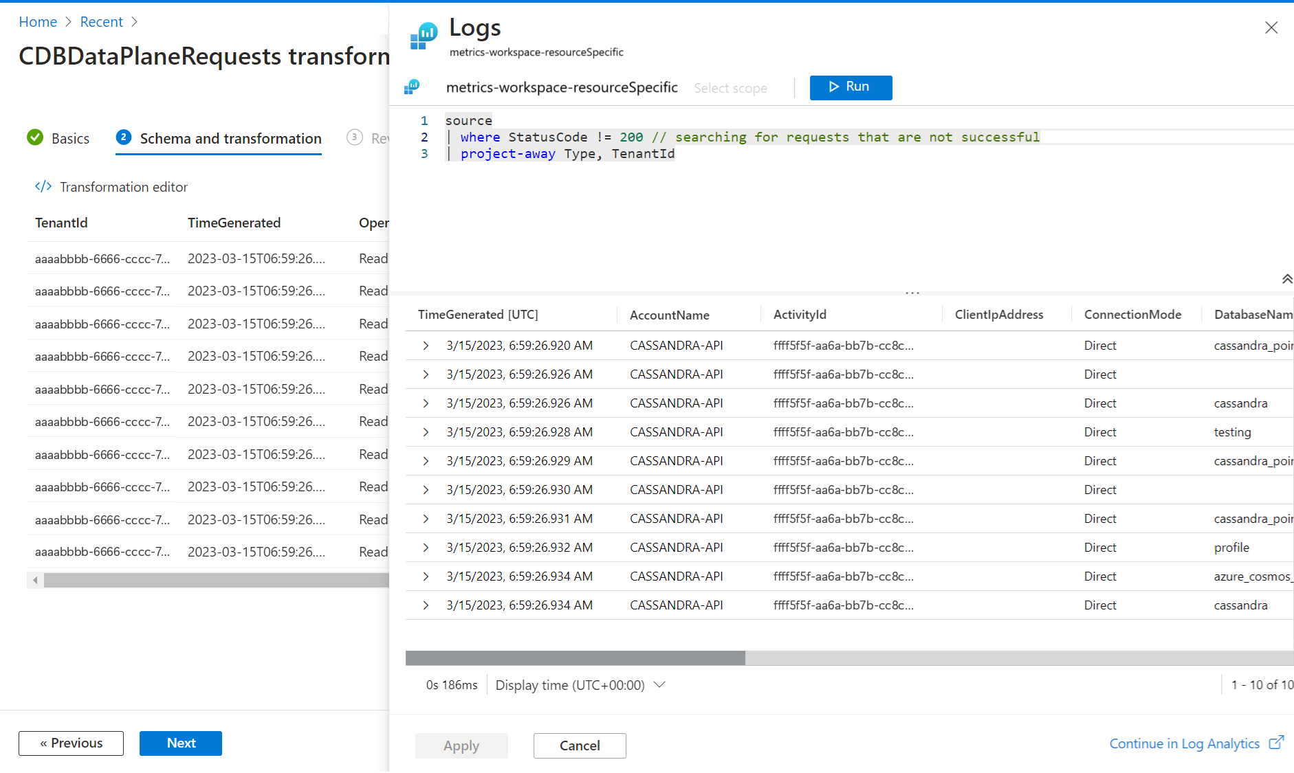 Screenshot che mostra i dati di esempio della tabella di log.