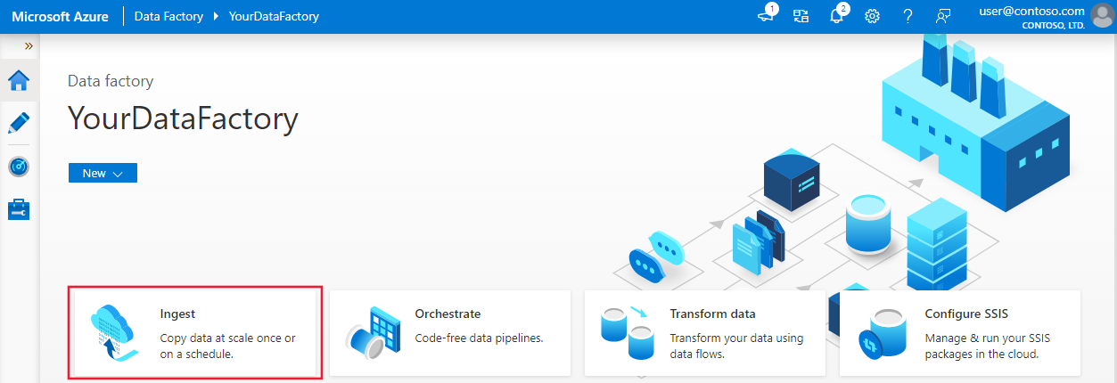 Screenshot che mostra la pagina di un data factory e il riquadro Inserisci in Azure Data Factory Studio.