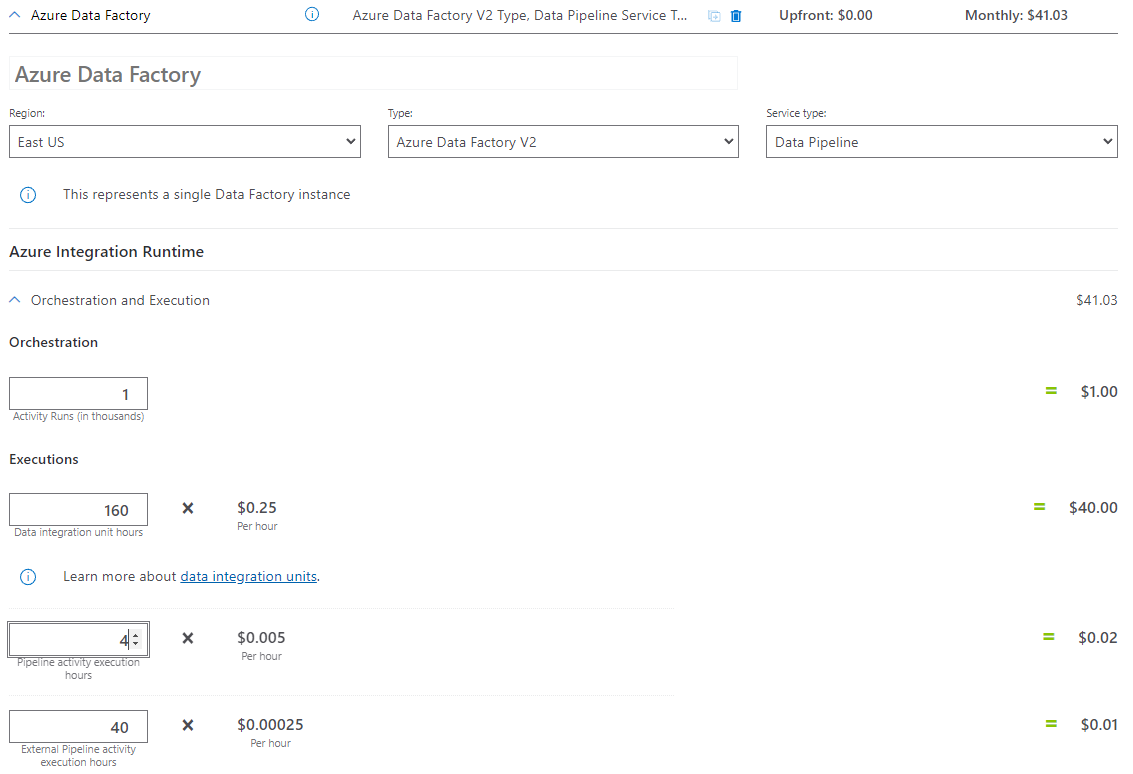Screenshot del calcolatore prezzi configurato per una copia dei dati e della trasformazione con uno scenario di parametri dinamici.