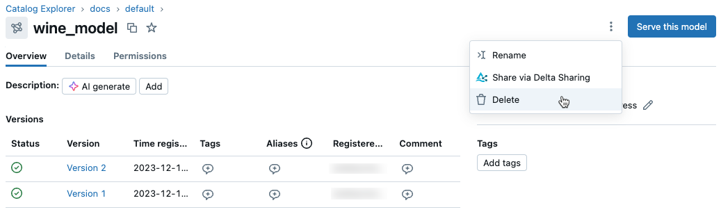 menu kebab della pagina modello con opzione di eliminazione