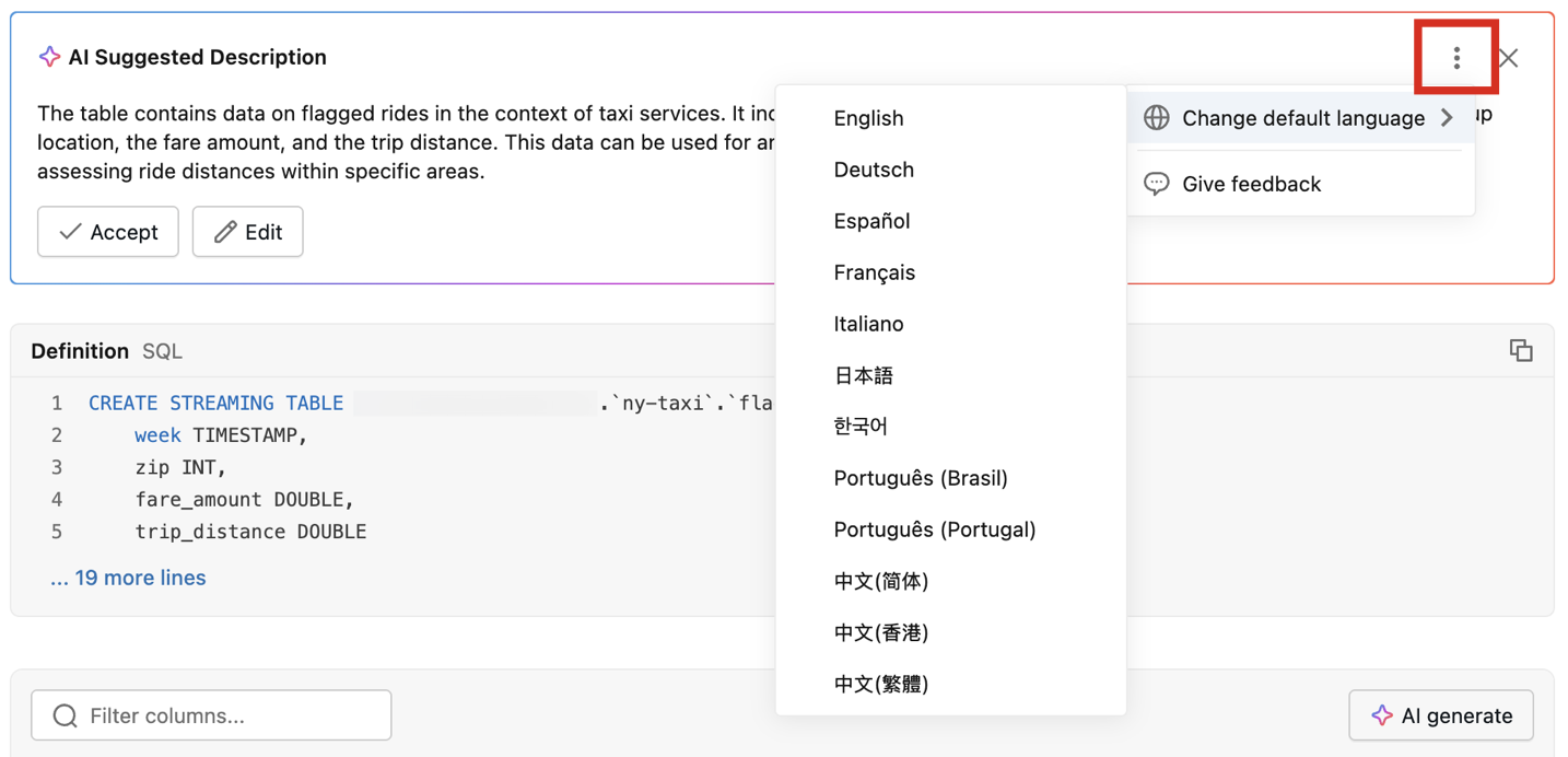 Selettore della lingua nel menu di overflow della descrizione suggerita dall'intelligenza artificiale.