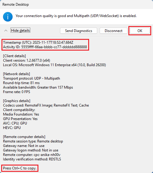 Screenshot che mostra la finestra di dialogo Risoluzione dei problemi relativi alle informazioni di connessione.