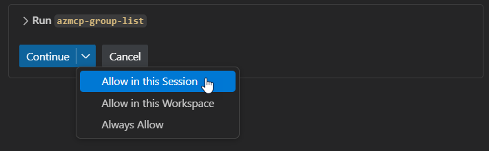 Screenshot che mostra le opzioni disponibili per eseguire le operazioni del server MCP di Azure.