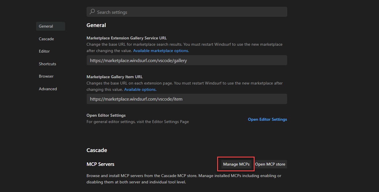 Screenshot che mostra come configurare un server MCP in Wind.