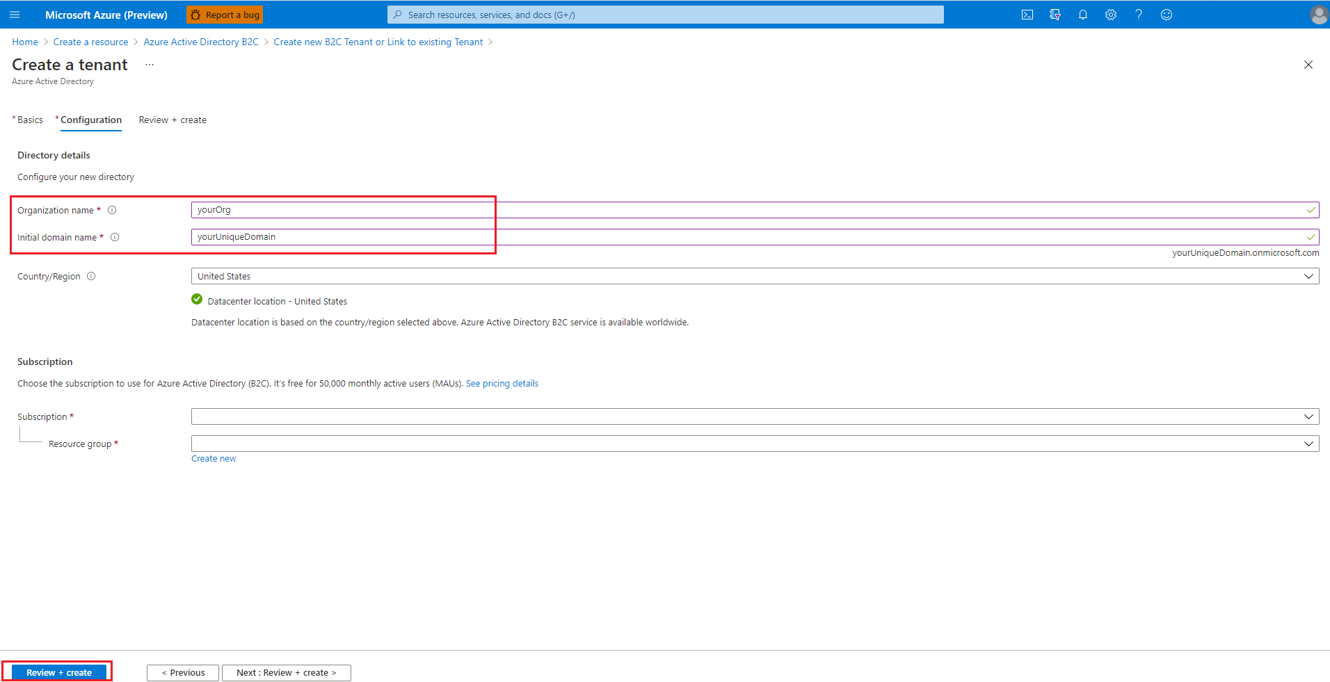 schermata Crea tenant di Azure AD B2C.
