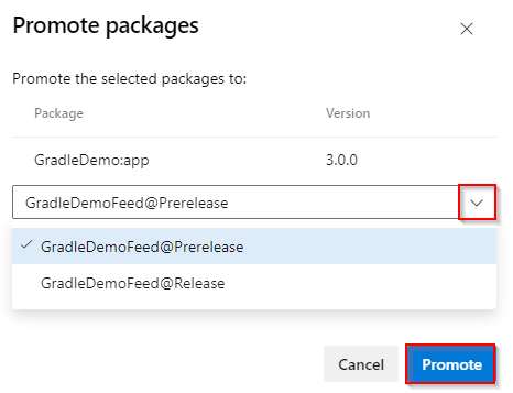 Screenshot che mostra come alzare di livello un pacchetto a una visualizzazione in Azure Artifacts.