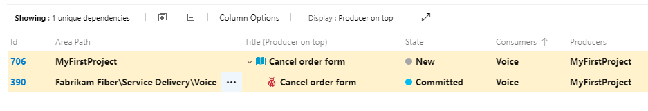 Screenshot della finestra di dialogo per la creazione di dipendenze, Elementi di lavoro dipendenti collegati.