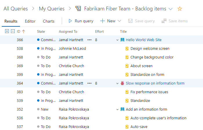 Screenshot dell'elenco di risultati della query che mostra una query ad albero.