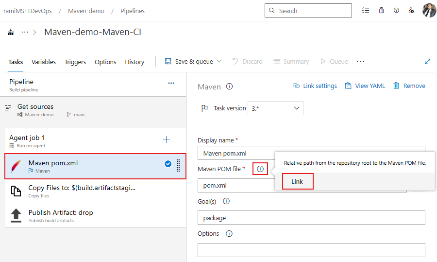 Screenshot che mostra le informazioni e la finestra di collegamento per collegare un nuovo parametro di processo in una pipeline classica.