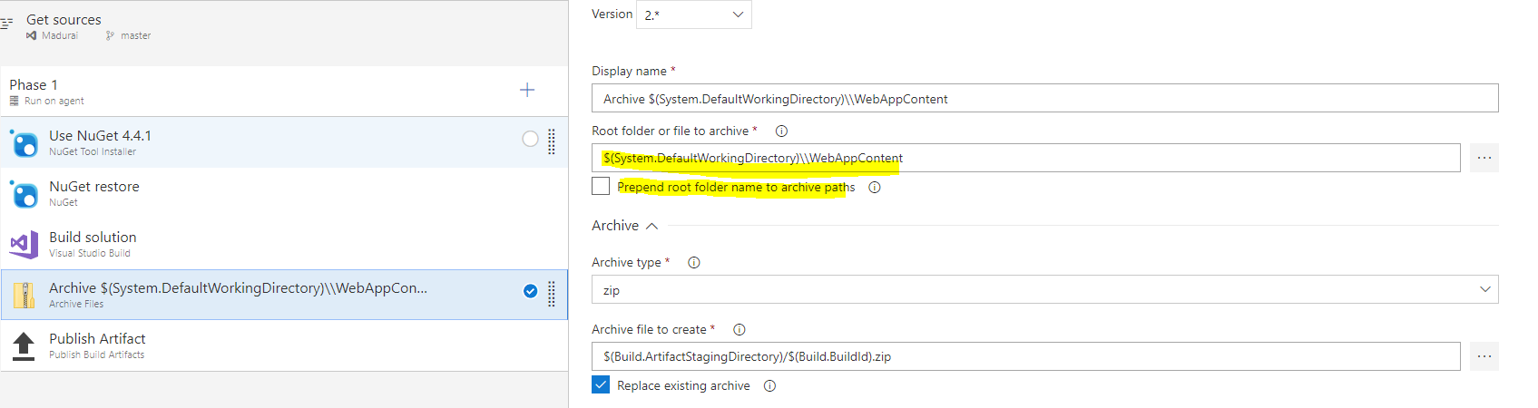 Screenshot che mostra i valori archivio.