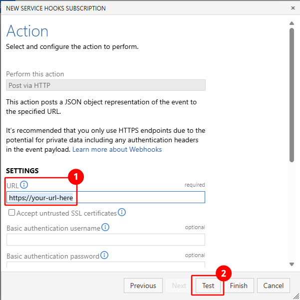 Screenshot mostra l'URL immesso e il test selezionato per testare l'hook del servizio.