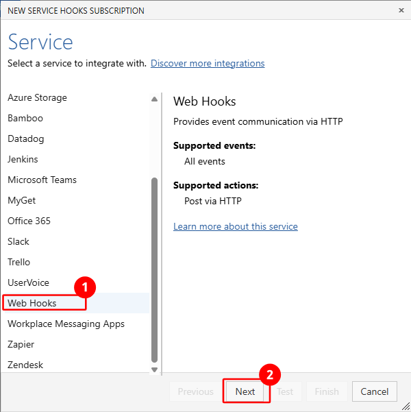 Screenshot mostra i webhook selezionati nell'elenco dei servizi.