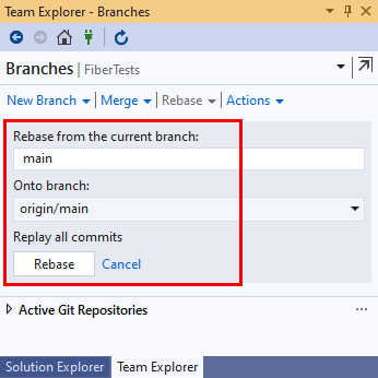 Screenshot dei dettagli di rebase nella vista Rami di Team Explorer in Visual Studio 2019.