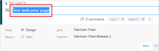 Screenshot che mostra un caso di test con il suo nome selezionato per essere modificato.