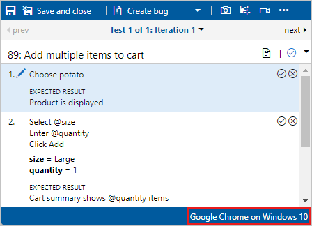 Lo screenshot mostra la configurazione di questo test nella barra di stato.