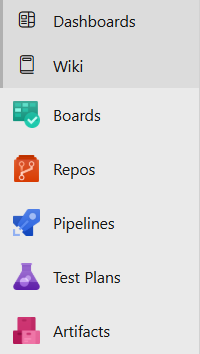 Screenshot dei servizi elencati nel riquadro di spostamento di Azure DevOps.