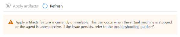 Screenshot del messaggio che informa che gli artefatti non possono essere applicati alla macchina virtuale DevTest Labs.