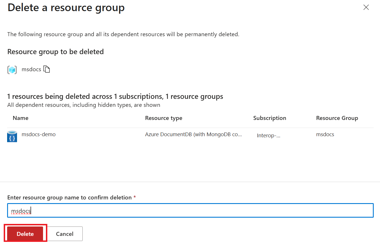 Screenshot che mostra il pulsante di conferma per eliminare il gruppo di risorse.