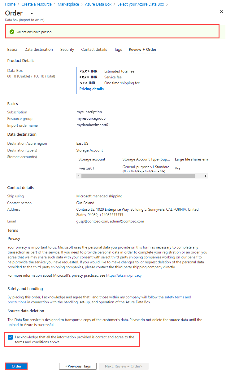 Screenshot della scheda Rivedi e ordina per un ordine di Data Box. Lo stato di convalida, la casella di controllo dei termini e il pulsante Ordina sono evidenziati.