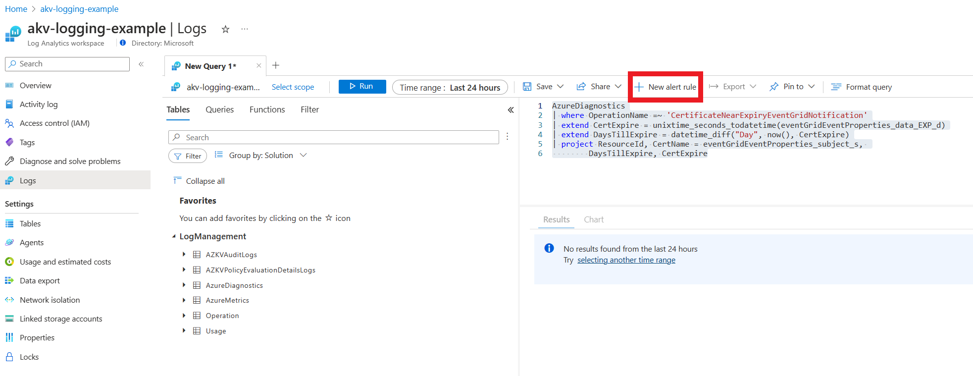 Screenshot che mostra la finestra di query con la nuova regola di avviso selezionata.