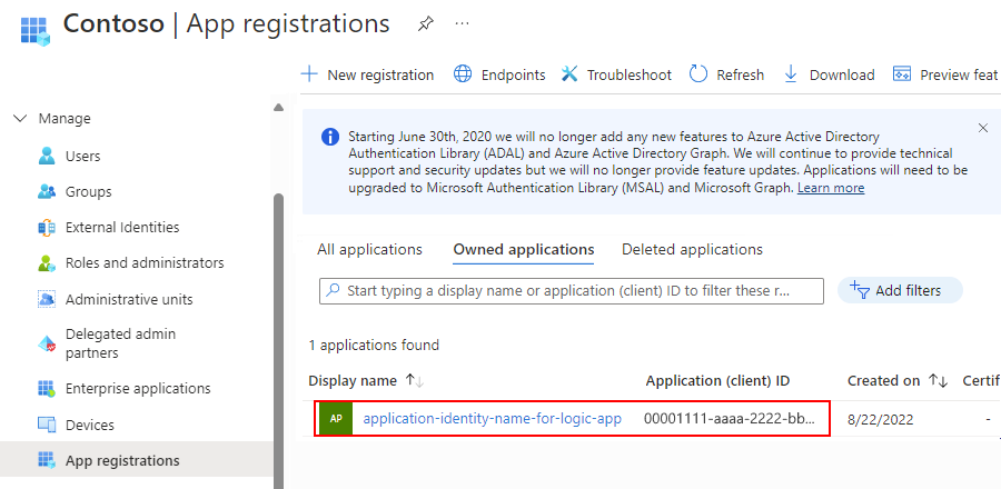 Screenshot che mostra l'identità dell'applicazione per l'app per la logica.