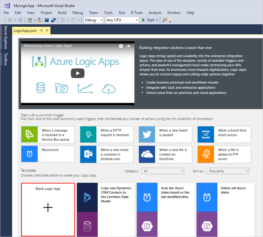 Screenshot che mostra il modello selezionato denominato 'Blank Logic App'.