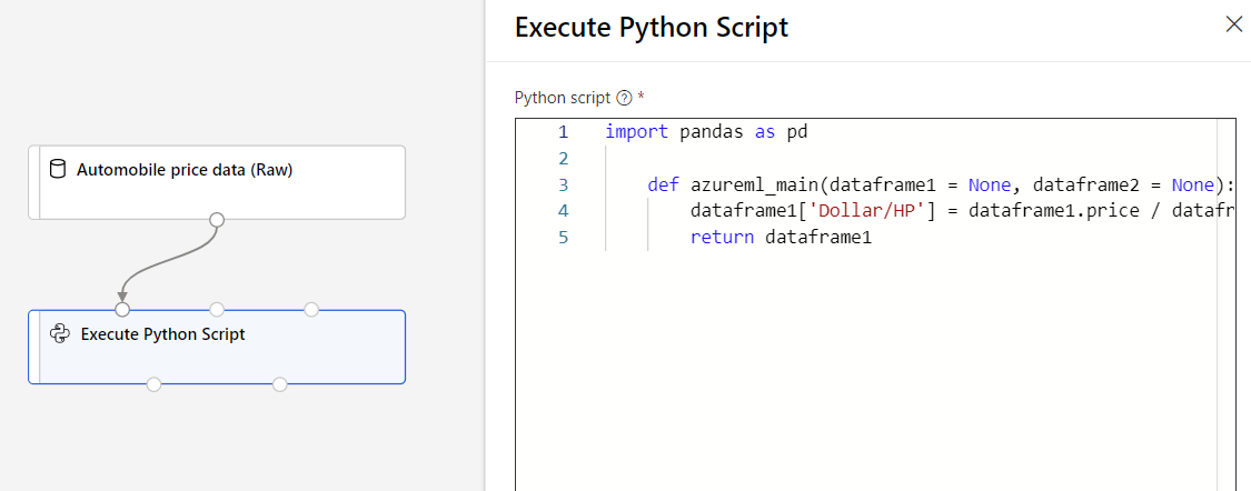 Screenshot che mostra la pipeline di Execute Python.