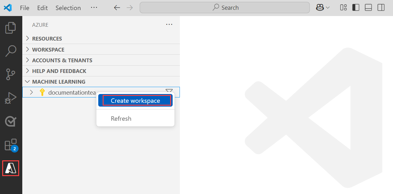 Screenshot che mostra l'opzione per creare un'area di lavoro.