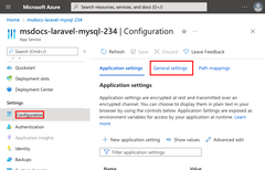 Screenshot che mostra come aprire la scheda delle impostazioni generali nella pagina di configurazione del servizio app.